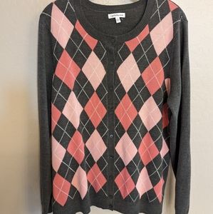 Craft and Barrow Classic Argyle Cardigan Sweater Pink & Gray Ladies Large